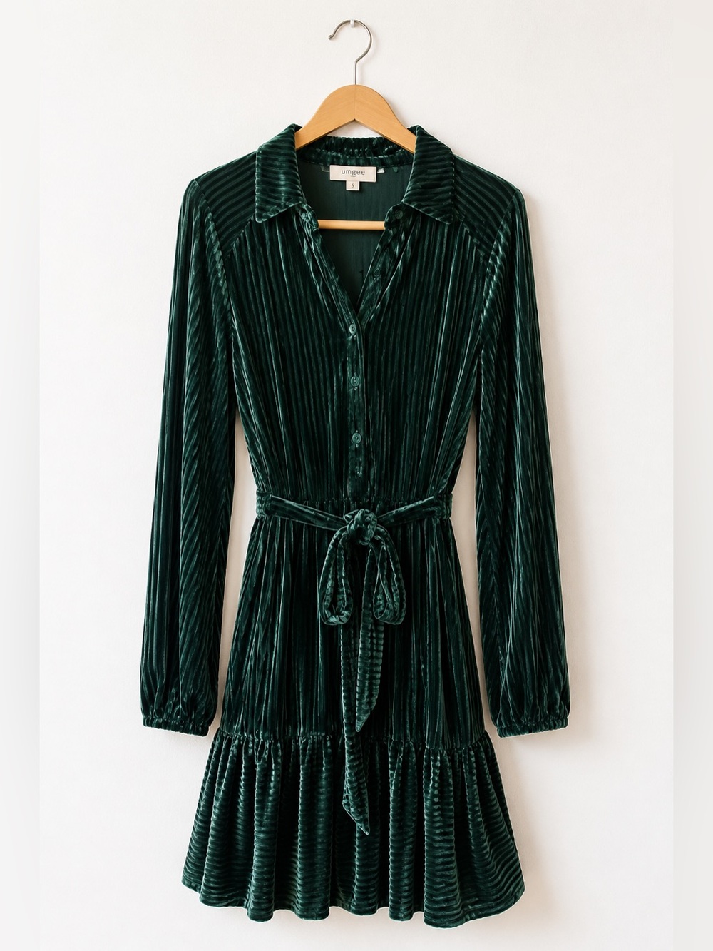 Umgee Emerald Green Velvet Pleated Dress Small Tie Waist Button Front Holiday